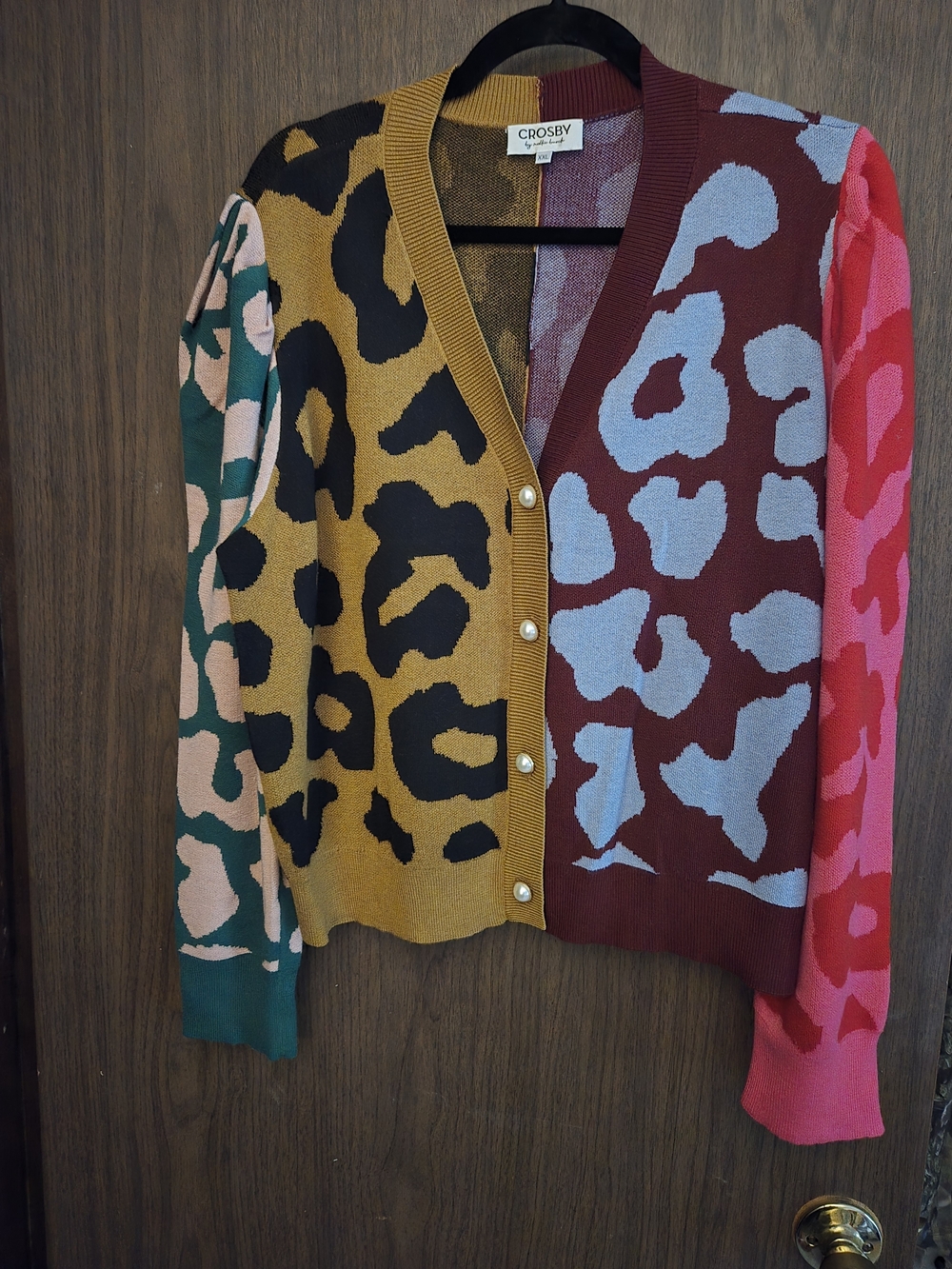 crosby. Multi-Colorblock Leopard Cardigan with Pearl Buttons